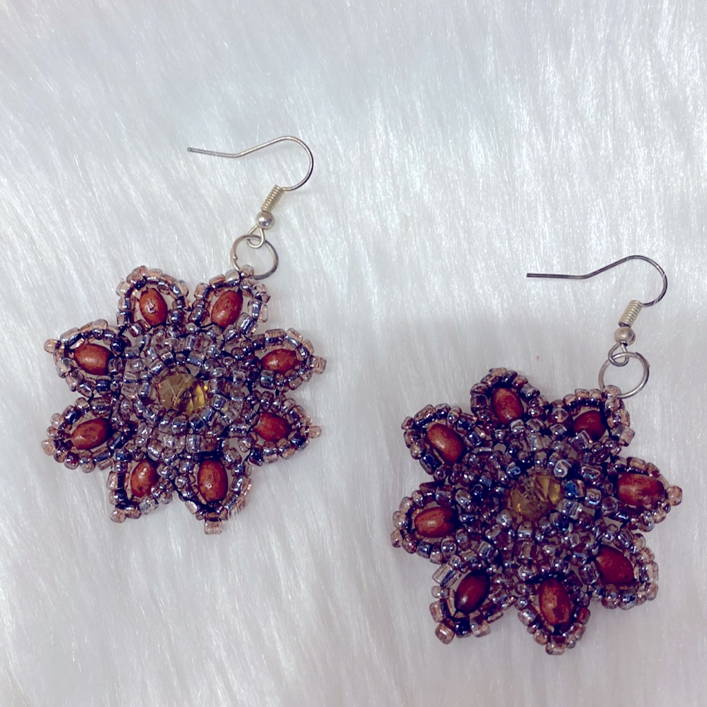 Handmade Beaded Dazzling Flower Violet Brown Earrings !